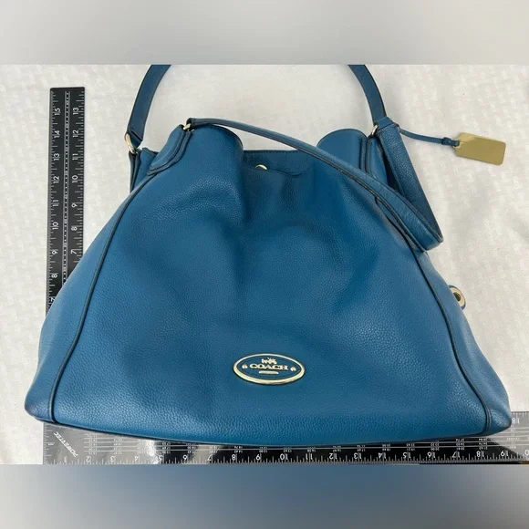 4011: Coach Edie Blue Pebbled Leather Shoulder Hobo Bag Retail w/ Entrupy Cert - Picture 9 of 10